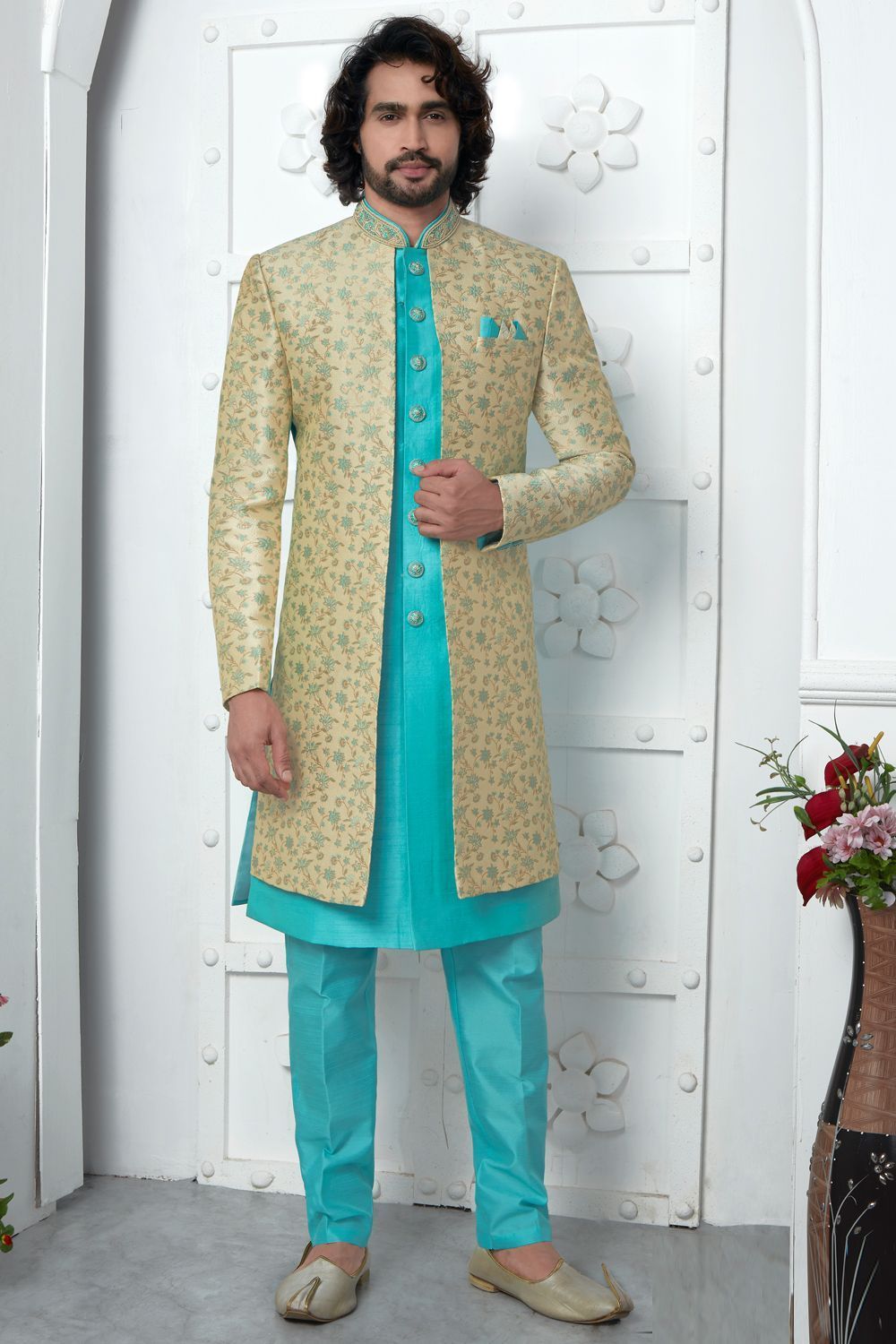 Beige Blue Jaquard Silk Indo Western (NMK-7184) - Nihal Fashions