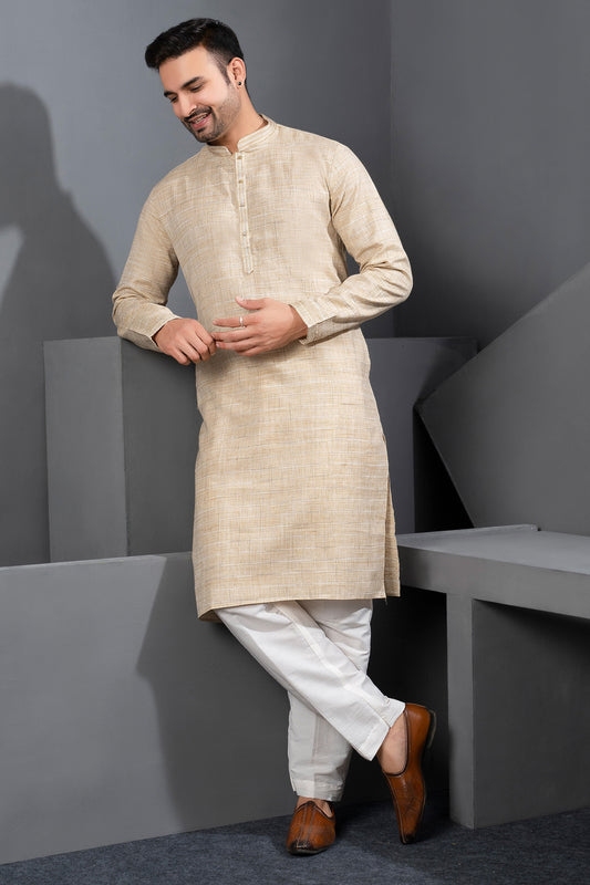 Beige Cotton Kurta Pajama For Men (NMK-8731) - Nihal Fashions