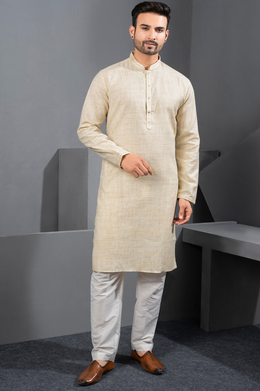 Beige Cotton Kurtas For Men (NMK-8741) - Nihal Fashions
