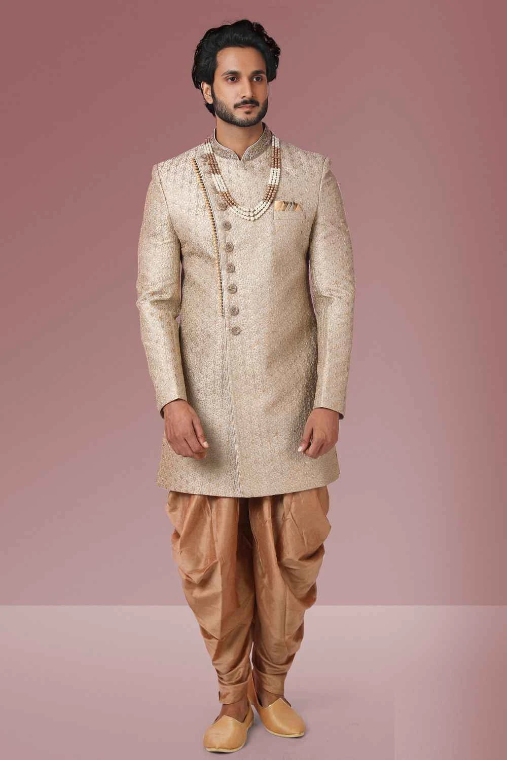 Beige Embroidered Banarasi Silk Sherwani (NMK-5527)