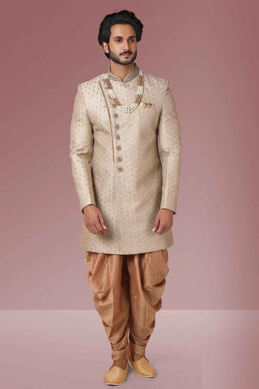 Beige Embroidered Banarasi Silk Sherwani (NMK-5527)