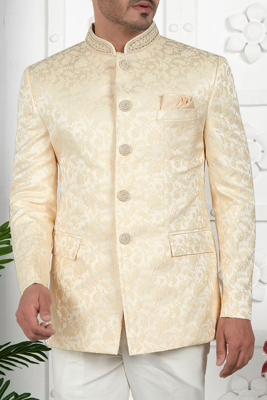 Beige Imported Jaquard Silk Indo Western (NMK-7207) - Nihal Fashions