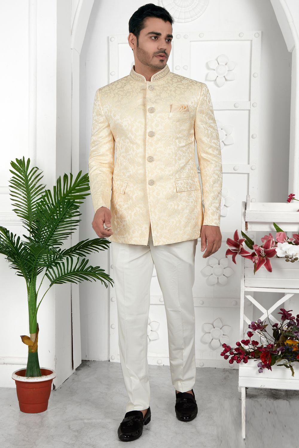 Beige Imported Jaquard Silk Indo Western (NMK-7207) - Nihal Fashions