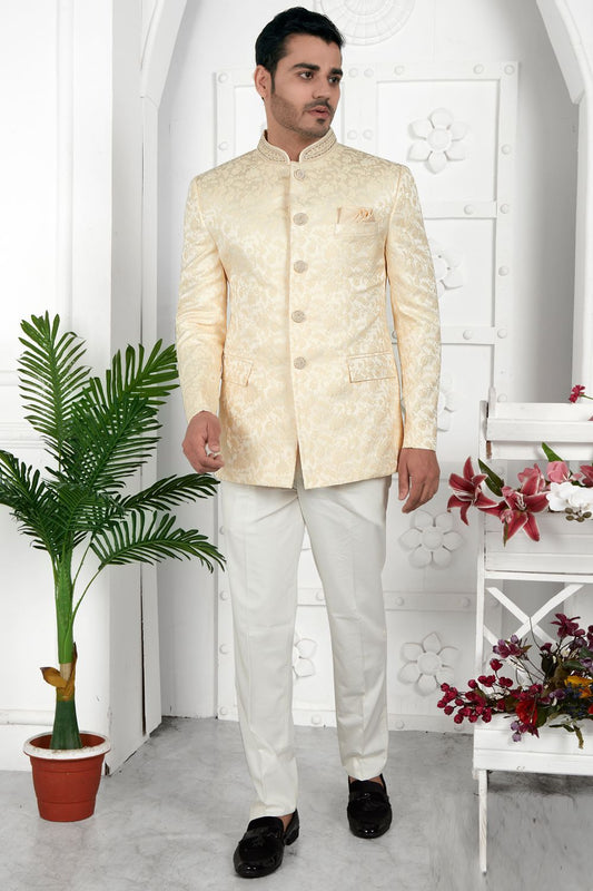 Beige Imported Jaquard Silk Indo Western (NMK-7207) - Nihal Fashions