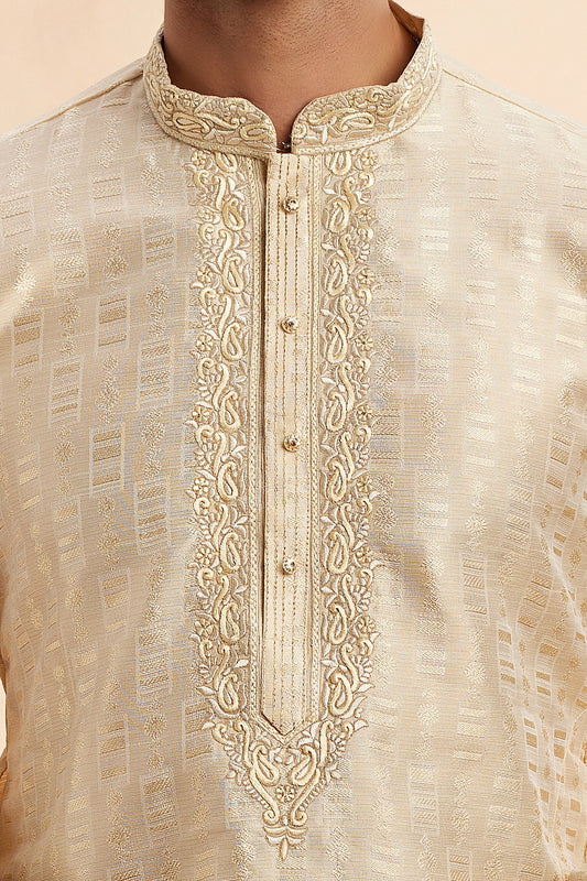 Beige Jaquard Art Silk Kurta Pajama (NMK-7901) - Nihal Fashions