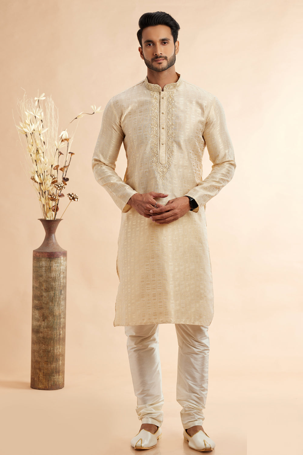 Beige Jaquard Art Silk Kurta Pajama (NMK-7901) - Nihal Fashions