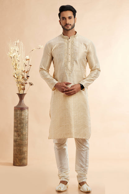 Beige Jaquard Art Silk Kurta Pajama (NMK-7901) - Nihal Fashions