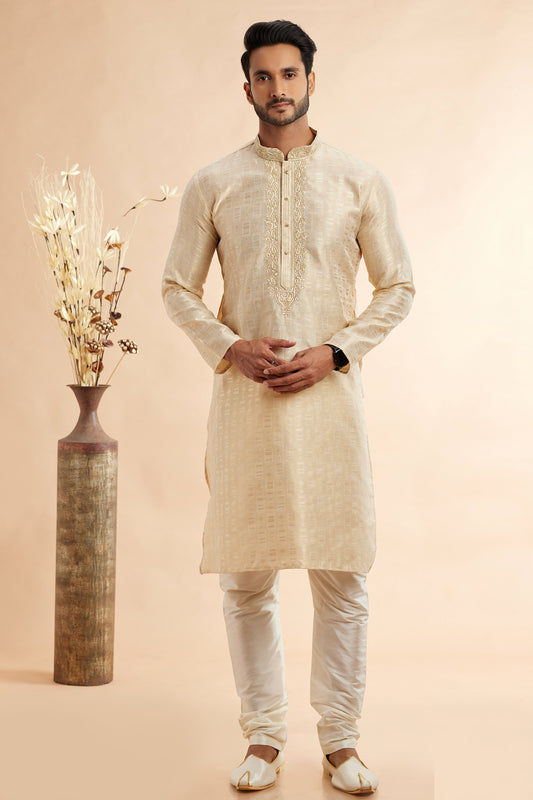 Beige Jaquard Art Silk Kurta Pajama (NMK-7901) - Nihal Fashions