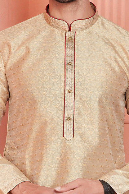 Beige Jaquard Banarasi Silk Kurtas for Men (NMK-8170) - Nihal Fashions