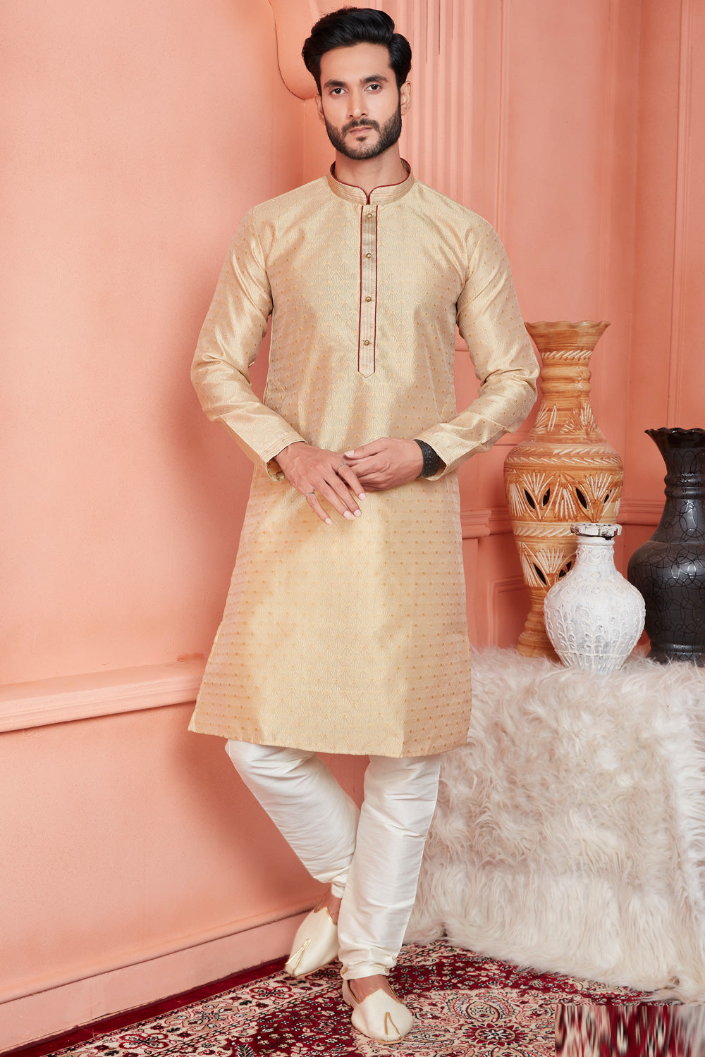 Beige Jaquard Banarasi Silk Kurtas for Men (NMK-8170) - Nihal Fashions