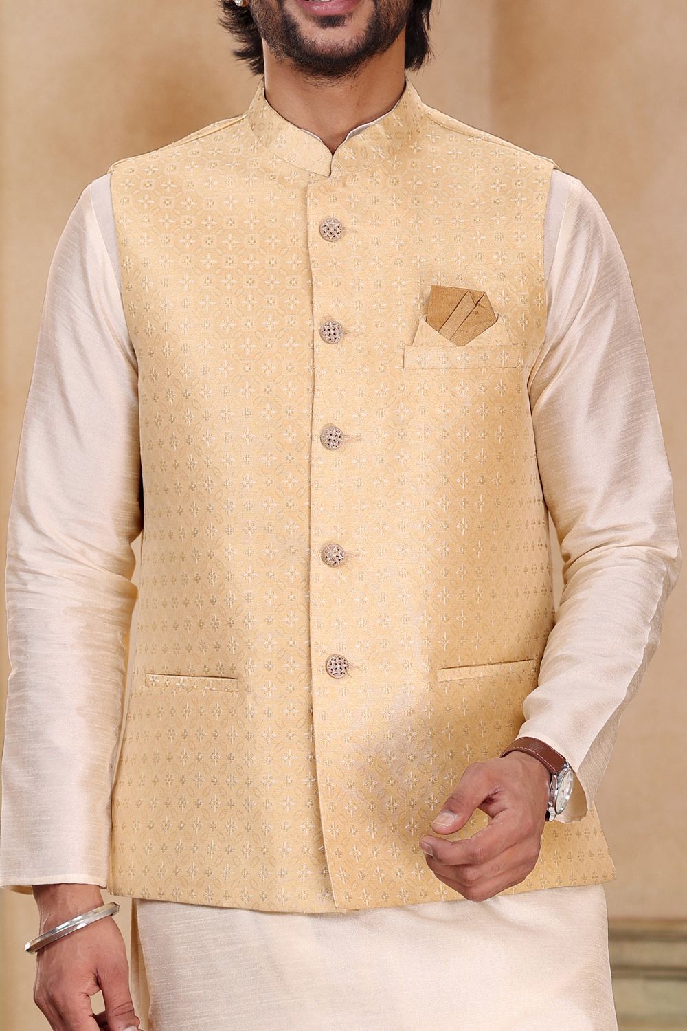 Beige Jaquard Banarasi Silk Nehru Jacket (NMK-6915) - Nihal Fashions