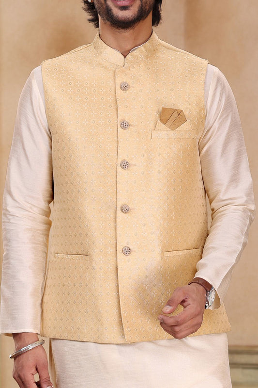 Beige Jaquard Banarasi Silk Nehru Jacket (NMK-6915) - Nihal Fashions