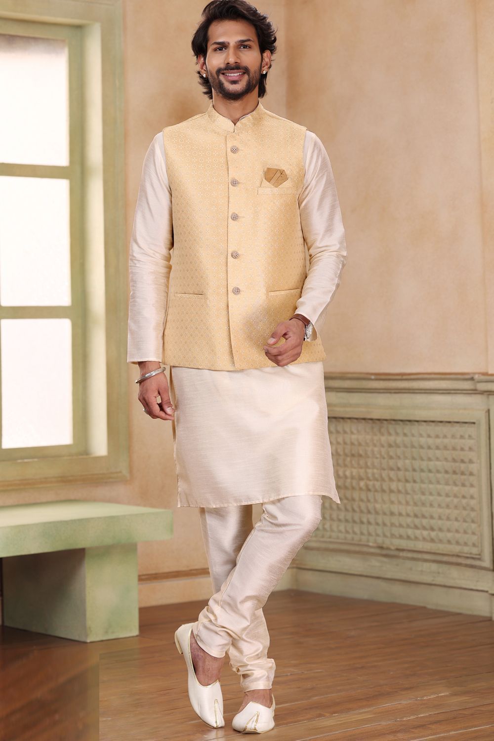 Beige Jaquard Banarasi Silk Nehru Jacket (NMK-6915) - Nihal Fashions