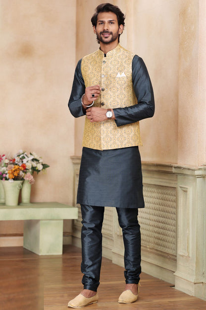 Beige Jaquard Banarasi Silk Nehru Jacket (NMK-6919) - Nihal Fashions