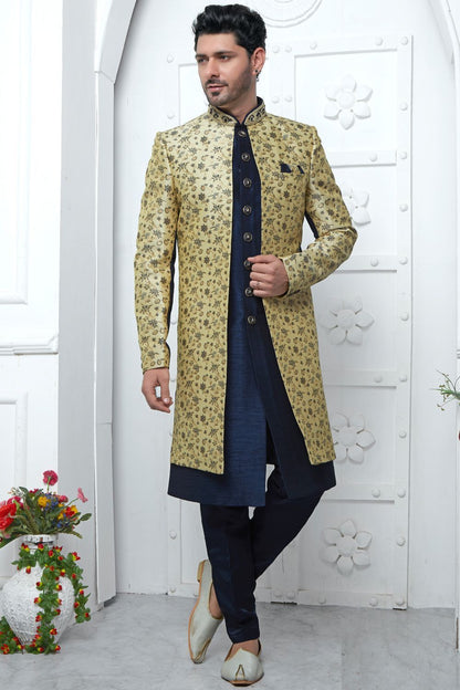 Beige Jaquard Silk Indo Western (NMK-7185) - Nihal Fashions