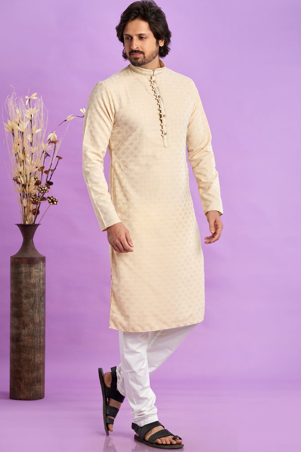 Beige Jaquard Silk Kurta Pajama (NMK-7568) - Nihal Fashions