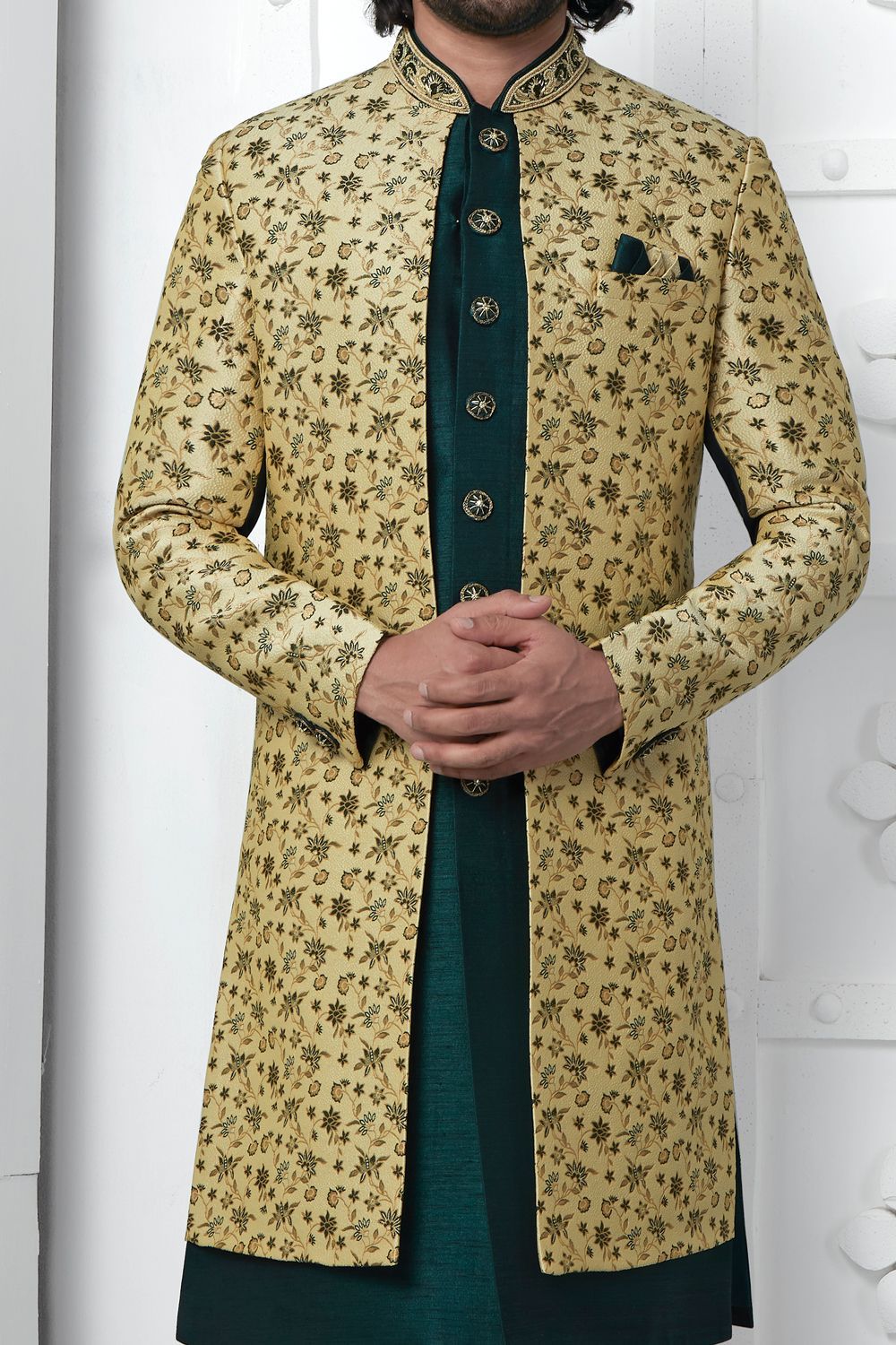 Beige Jaquard Silk Mens Indo Western (NMK-7186) - Nihal Fashions