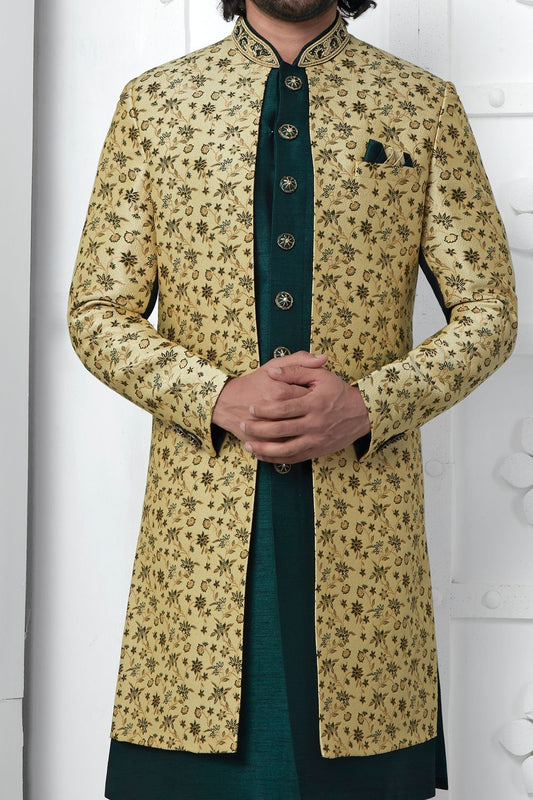 Beige Jaquard Silk Mens Indo Western (NMK-7186) - Nihal Fashions