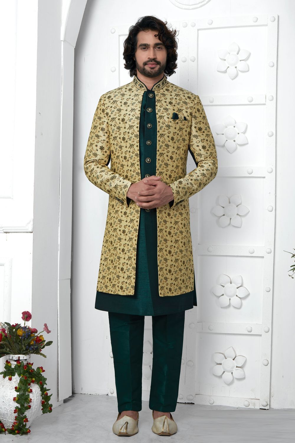 Beige Jaquard Silk Mens Indo Western (NMK-7186) - Nihal Fashions