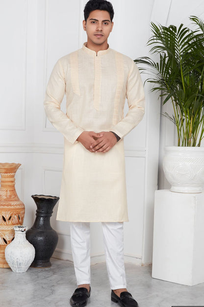 Beige Linen Cotton Kurta Pajama (NMK-7581) - Nihal Fashions