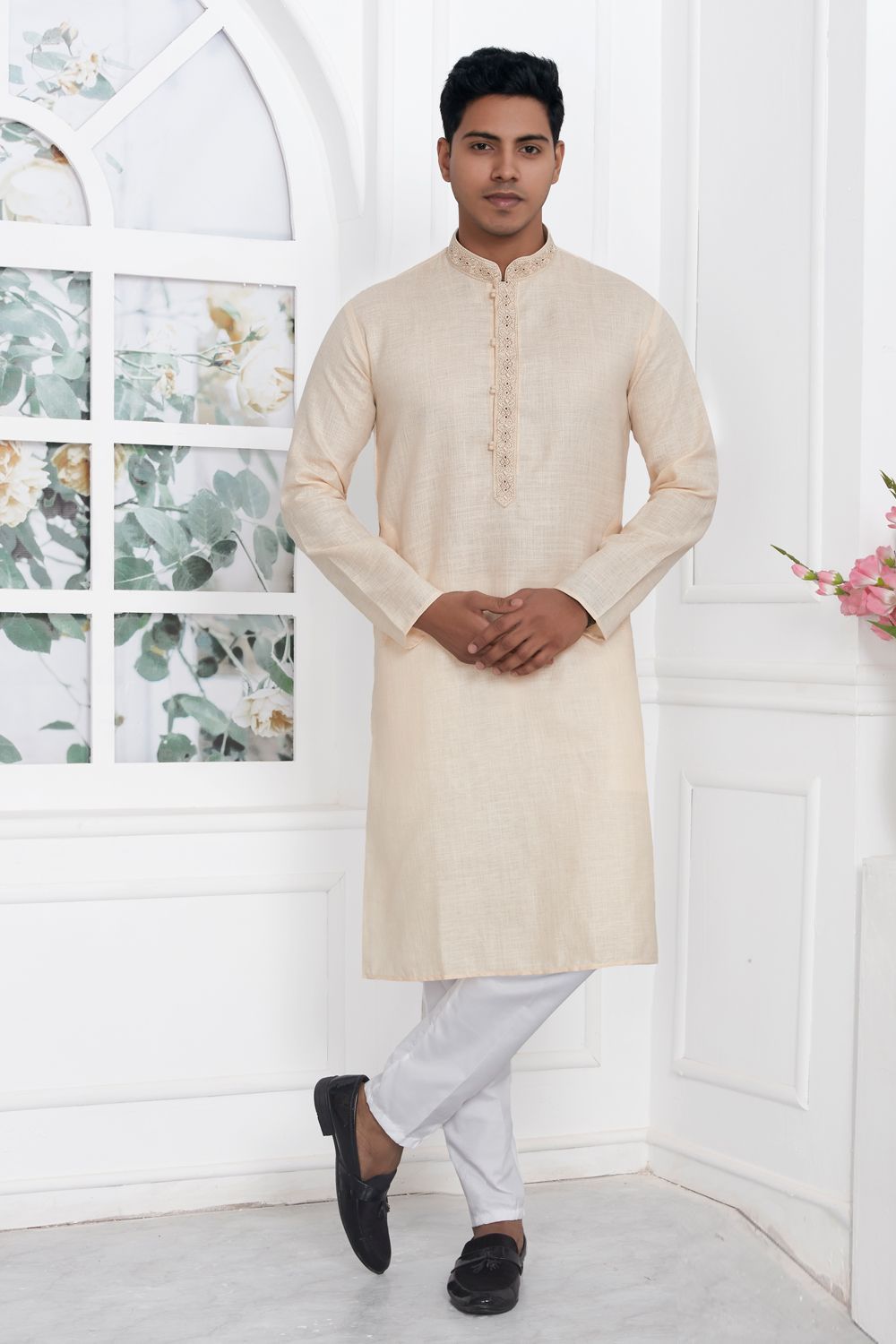 Beige Linen Cotton Kurta Pajama (NMK-7601) - Nihal Fashions