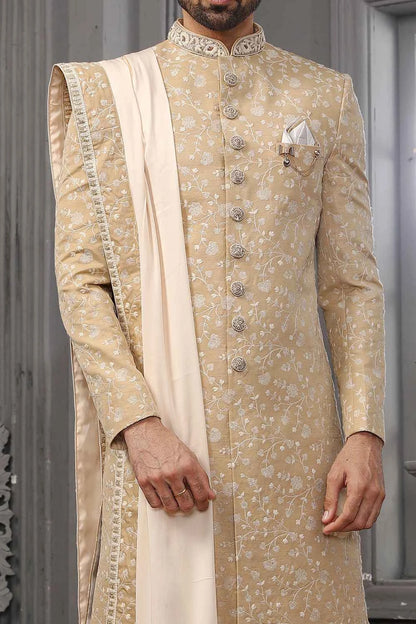Beige Lucknowi Embroidered Mens Sherwani (NMK-5556)