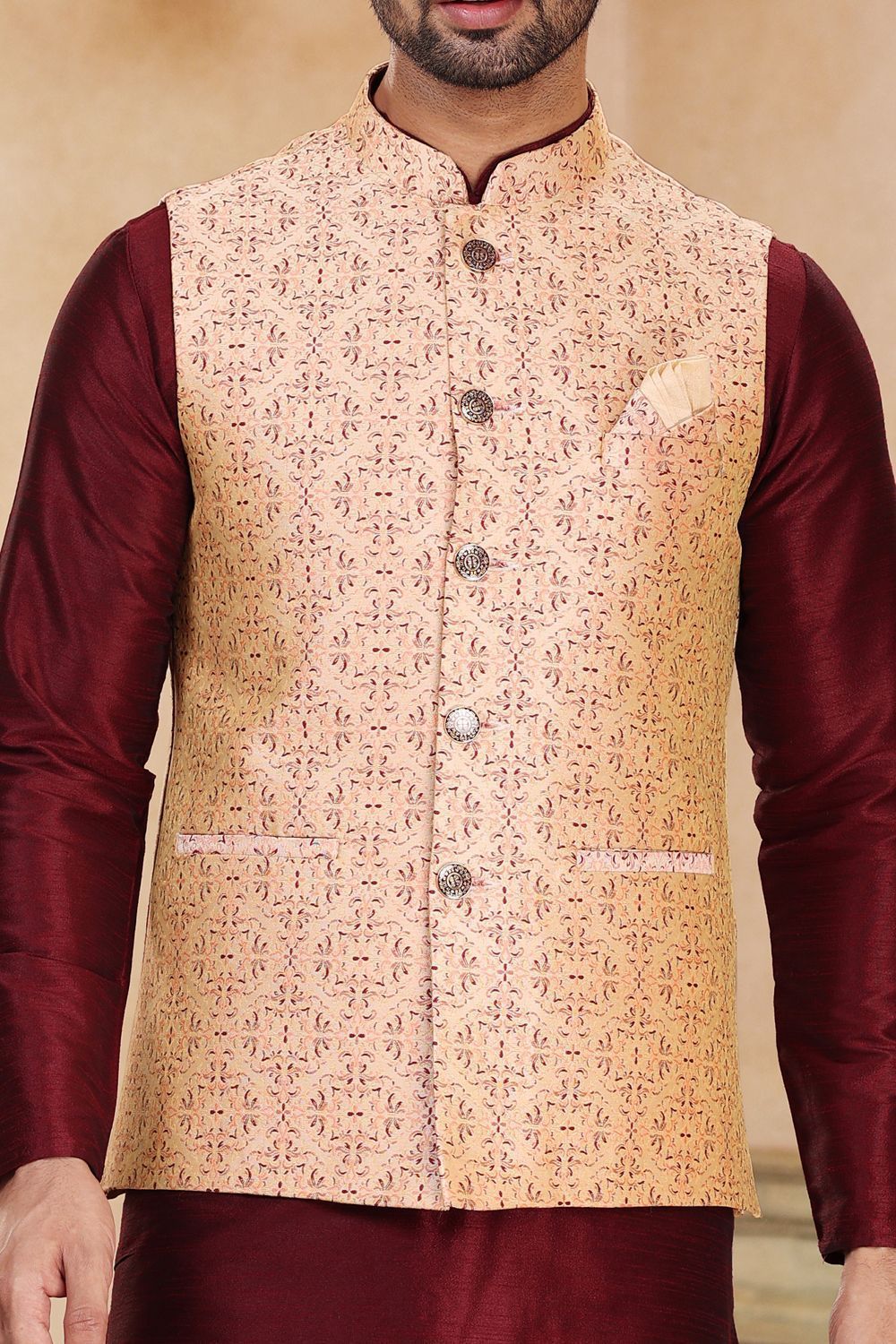 Beige Maroon Jaquard Banarasi Silk Nehru Jacket (NMK-6920) - Nihal Fashions