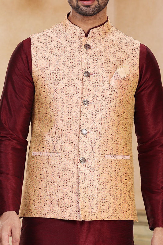 Beige Maroon Jaquard Banarasi Silk Nehru Jacket (NMK-6920) - Nihal Fashions