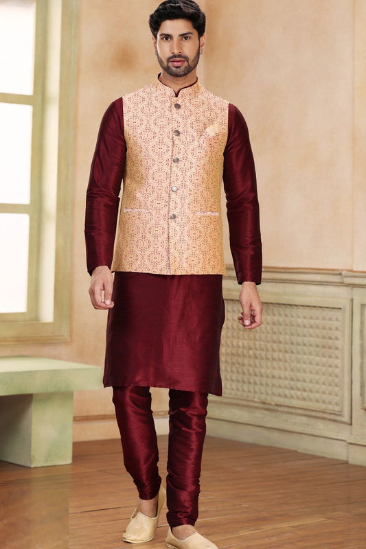 Beige Maroon Jaquard Banarasi Silk Nehru Jacket (NMK-6920) - Nihal Fashions