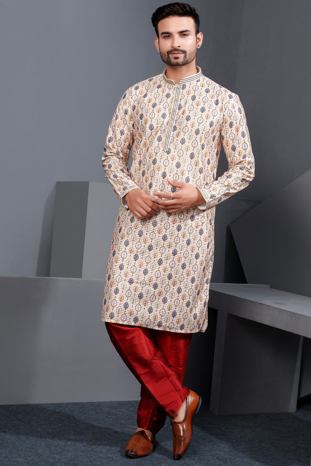 Beige Popcorn Fabric Kurta Pajama (NMK-8767) - Nihal Fashions