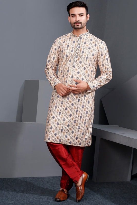 Beige Popcorn Fabric Kurta Pajama (NMK-8767) - Nihal Fashions
