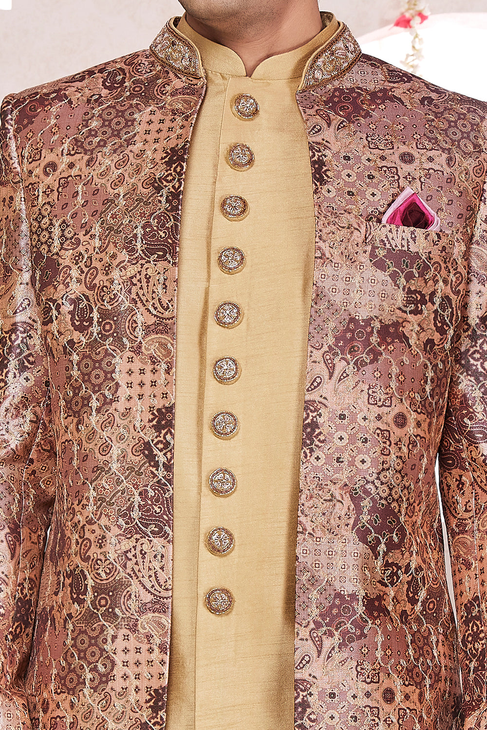Beige Silk 3 piece Jacket Set (NMK-8412) - Nihal Fashions