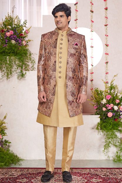 Beige Silk 3 piece Jacket Set (NMK-8412) - Nihal Fashions