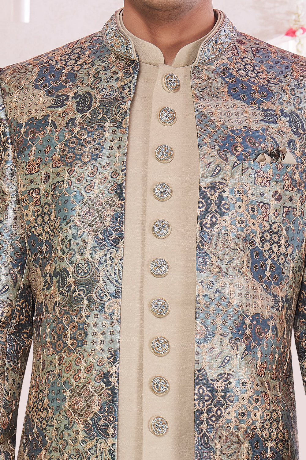 Beige Silk Mens 3 piece Jacket Set (NMK-8413) - Nihal Fashions