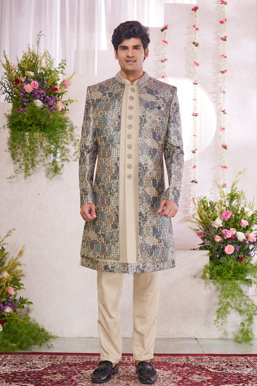 Beige Silk Mens 3 piece Jacket Set (NMK-8413) - Nihal Fashions