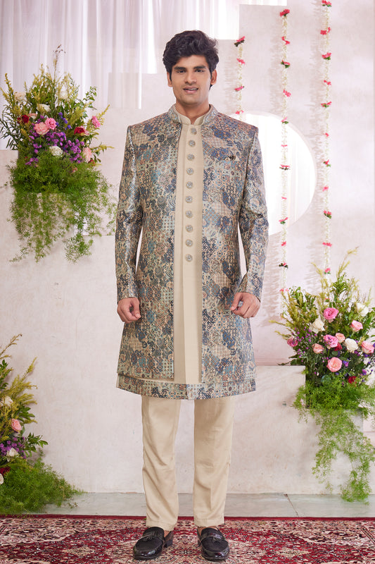 Beige Silk Mens 3 piece Jacket Set (NMK-8413) - Nihal Fashions