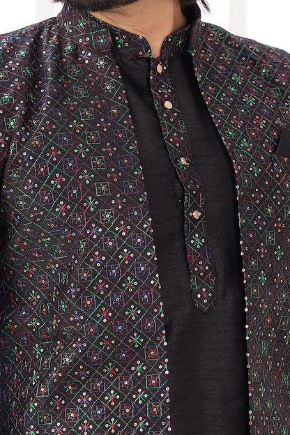 Black Art Banarasi Silk Jacket Style Kurta (NMK-8568) - Nihal Fashions
