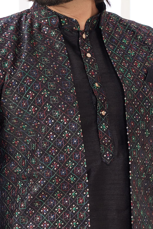 Black Art Banarasi Silk Jacket Style Kurta (NMK-8568) - Nihal Fashions