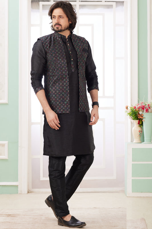 Black Art Banarasi Silk Jacket Style Kurta (NMK-8568) - Nihal Fashions