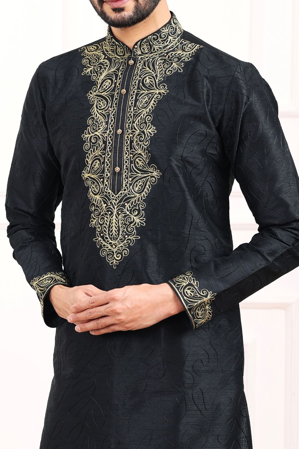 Black Art Banarasi Silk Kurta Pajama (NMK-7024) - Nihal Fashions