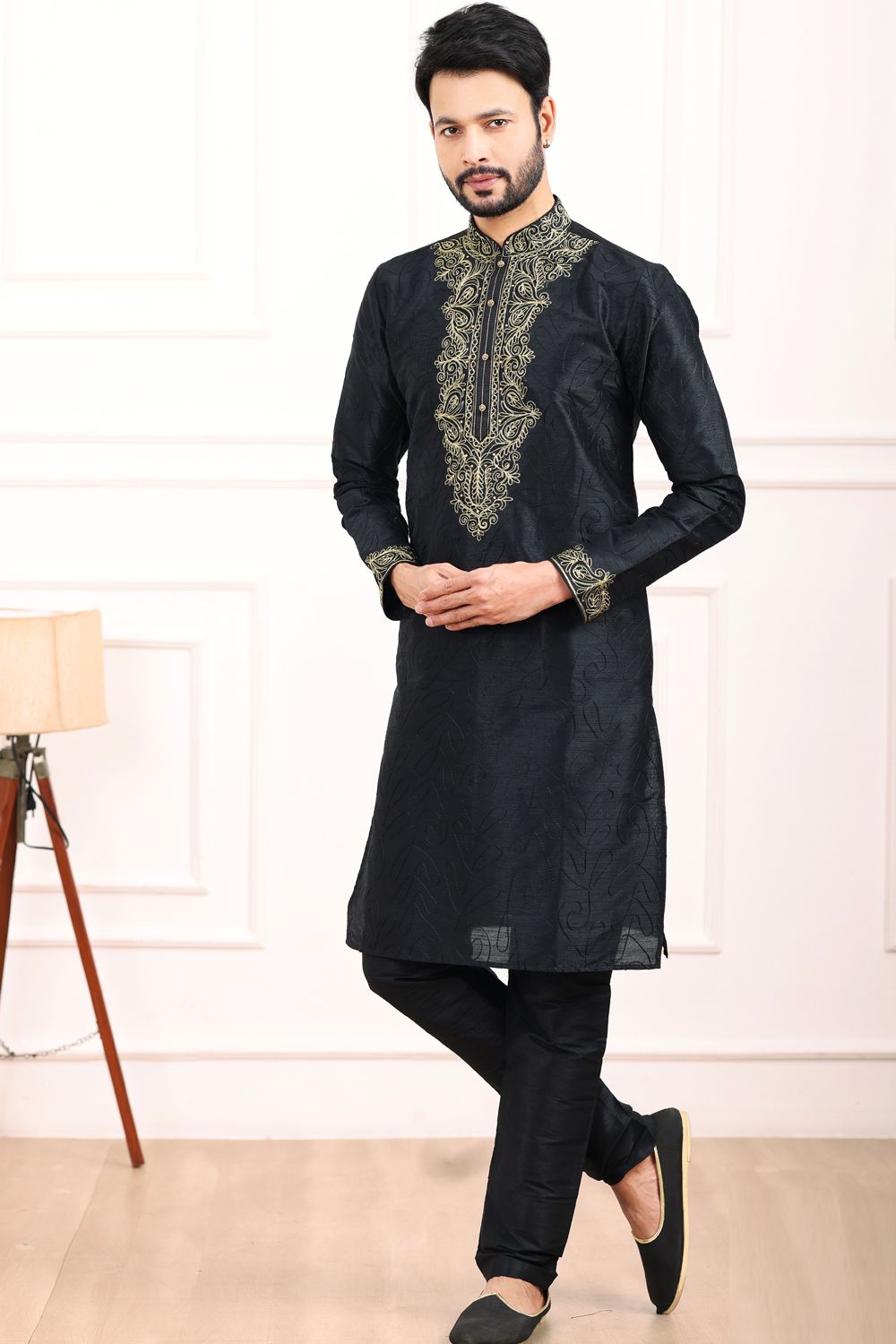 Black Art Banarasi Silk Kurta Pajama (NMK-7024) - Nihal Fashions