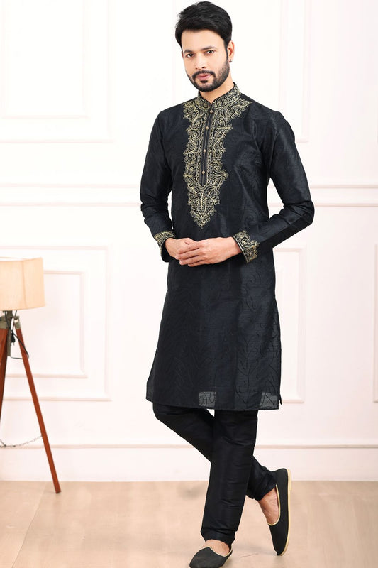 Black Art Banarasi Silk Kurta Pajama (NMK-7024) - Nihal Fashions
