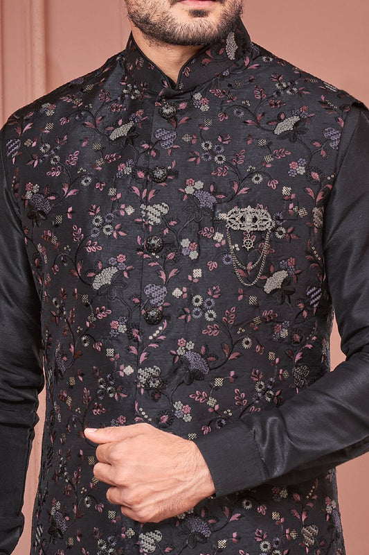 Black Art Banarasi Silk Nehru Jacket (NMK-7421) - Nihal Fashions