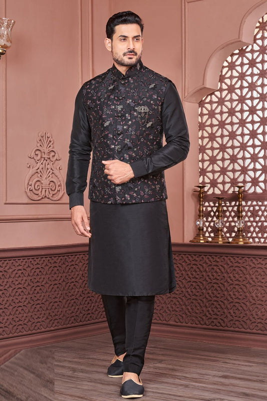 Black Art Banarasi Silk Nehru Jacket (NMK-7421) - Nihal Fashions