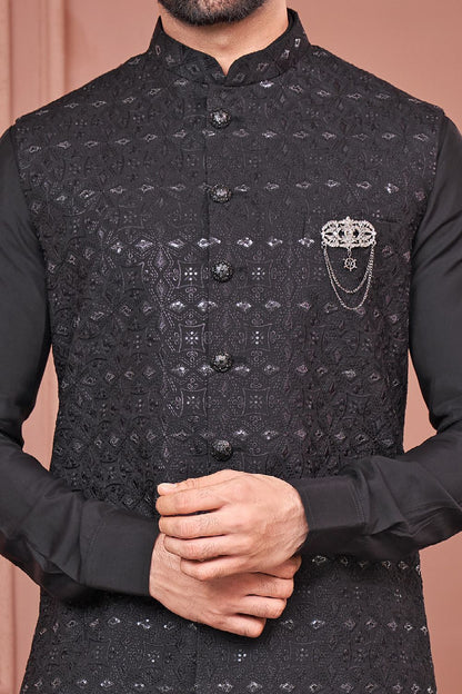 Black Art Banarasi Silk Nehru Jacket (NMK-7448) - Nihal Fashions