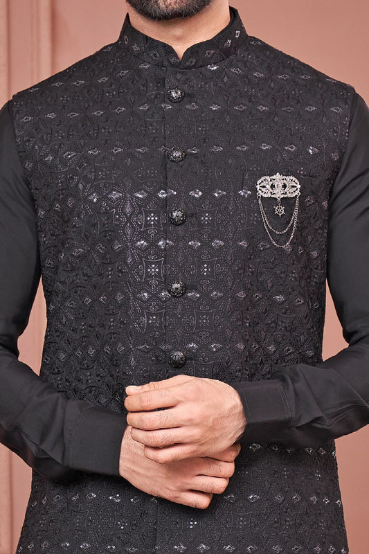 Black Art Banarasi Silk Nehru Jacket (NMK-7448) - Nihal Fashions