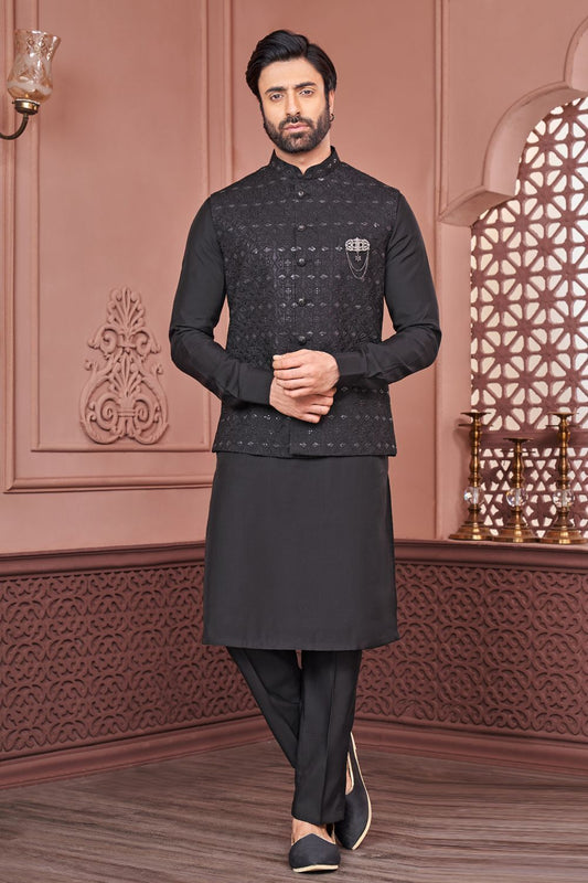 Black Art Banarasi Silk Nehru Jacket (NMK-7448) - Nihal Fashions