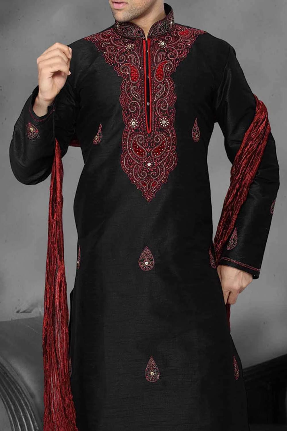 Black  Art Dupion Designer Kurta Pajama (NMK-2184)