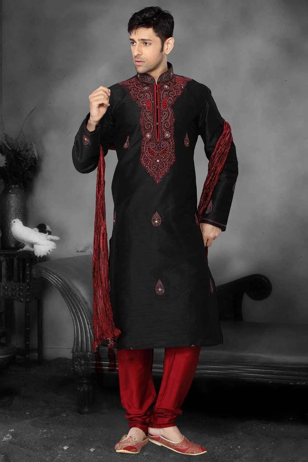 Black  Art Dupion Designer Kurta Pajama (NMK-2184)