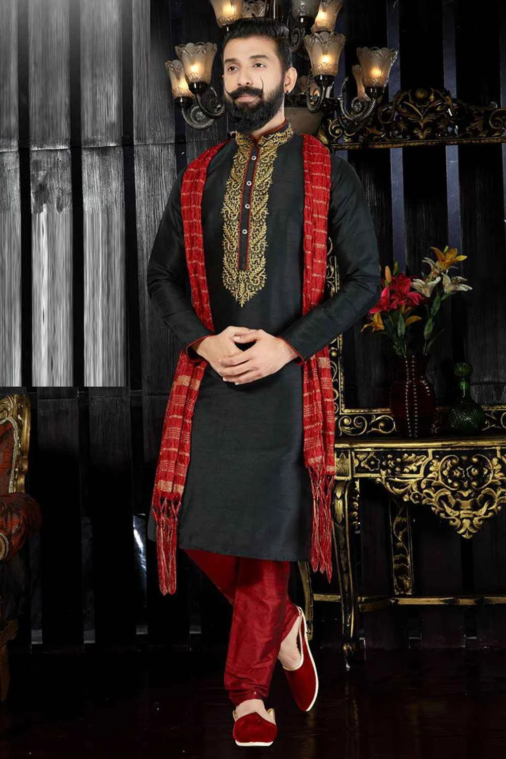 Black Art Dupion Kurta(NMK-3384)